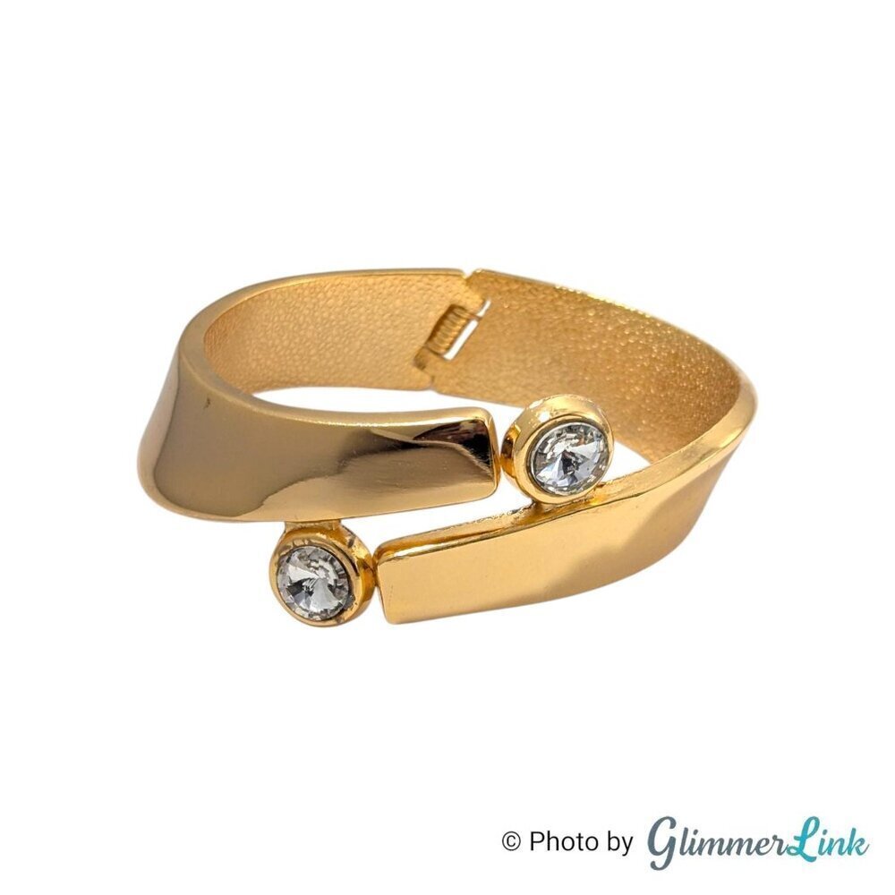 Vintage Modernist Clear Rhinestone Accents Gold Tone Hinged Cuff Bracelet